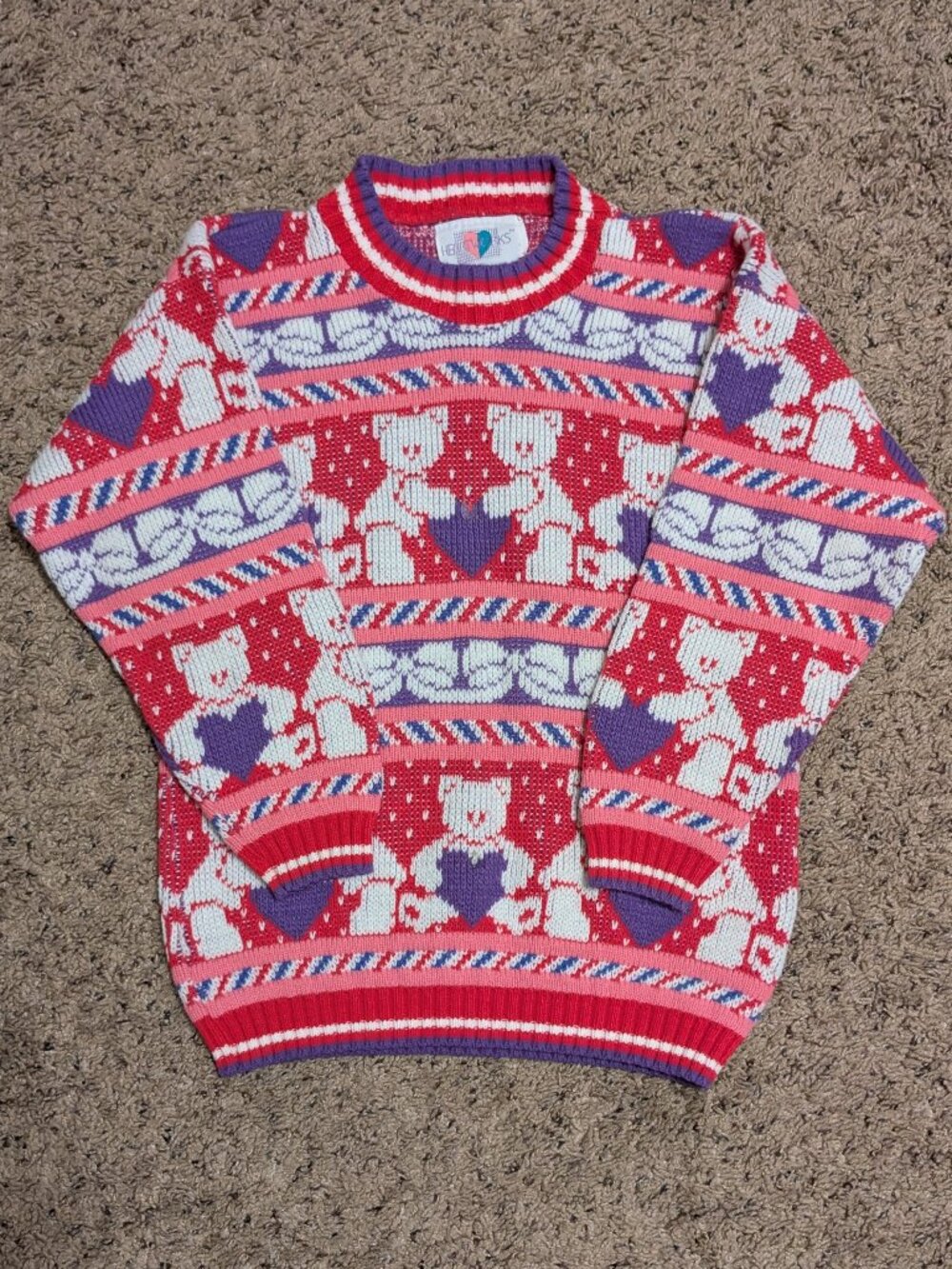Heartworks Vintage 90s Girls Small Teddy Bear Sweater Pink Purple Fair Isle